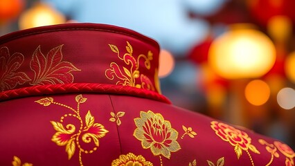A silk qipao collar embroidered with golden peonies, shimmering against soft festival lights.