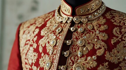 Close up of a red and gold sherwani with intricate embroidery and jeweled buttons on a mannequin torso