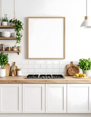 Fototapeta premium Bright kitchen with blank frame, wooden countertop, and green plants