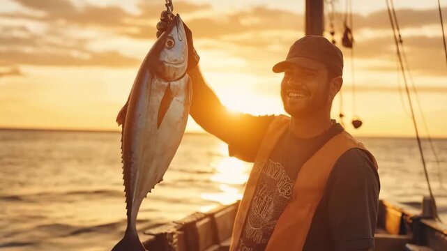 Golden Hour Cinematic Slow-Motion Video of Fisherman Holding Freshly Caught Tuna on Boat &ndash; Sunset Ocean Scene for World Fisheries Day, Sustainable Seafood, and Coastal Lifestyle Stock Footage