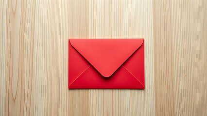Large red envelope placed on wooden surface with soft directional lighting.