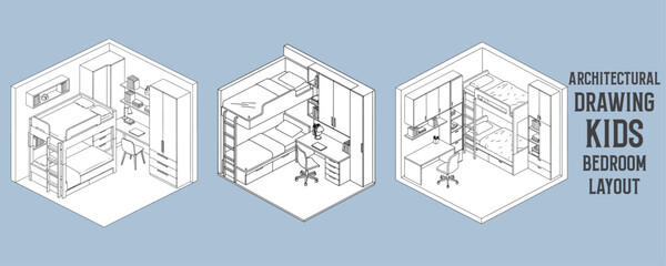 Architectural drawings of kids bedroom layout with bunk beds, study desk, storage shelves, and wardrobe in modern isometric vector design