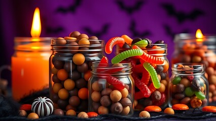 Candy-filled glass jars with chocolates, creating a whimsical Halloween treat display.