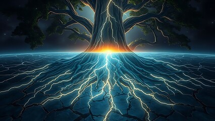 Ancient tree roots glowing beneath a cracked island surface, resembling buried lightning.
