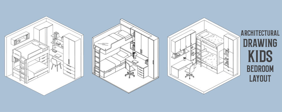Architectural drawings of kids bedroom layout with bunk beds, study desk, storage shelves, and wardrobe in modern isometric vector design