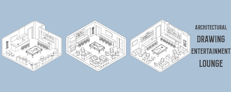 Architectural drawings of modern entertainment lounge layout with pool table, stylish bar counter, and comfortable seating in isometric vector design