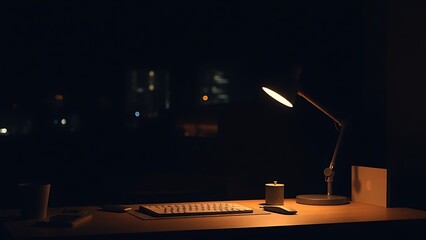 Nighttime workspace with a warm desk lamp glow, evoking a minimalist and serene communication concept.
