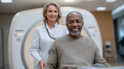 Obraz premium Patient exits MRI machine with technician assisting cables