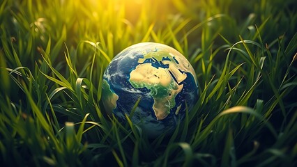 Earth symbolically surrounded by lush grass, representing environmental harmony in naturalistic tones.