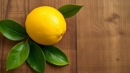 Fresh lemon with green leaves on a wooden surface, captured from a slightly overhead angle.