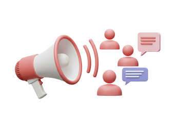 Isolated 3D Render of a Megaphone Broadcasting to a Group of People and Speech Bubbles