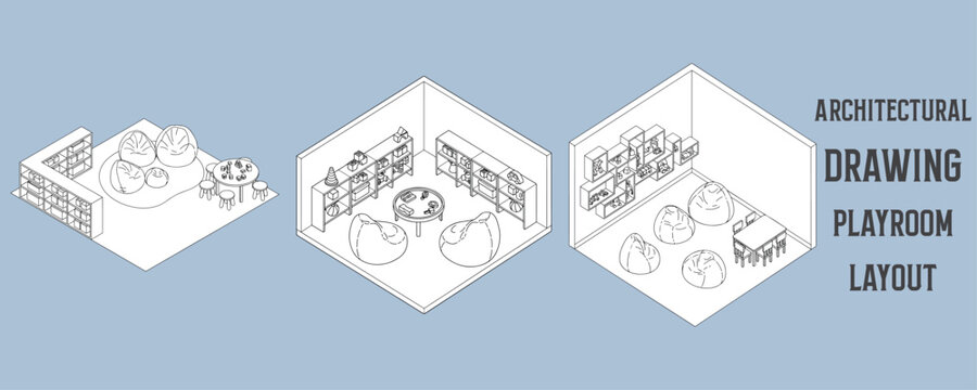 Architectural drawings of modern playroom layout with toy shelves, bean bags, and activity table in isometric vector illustration