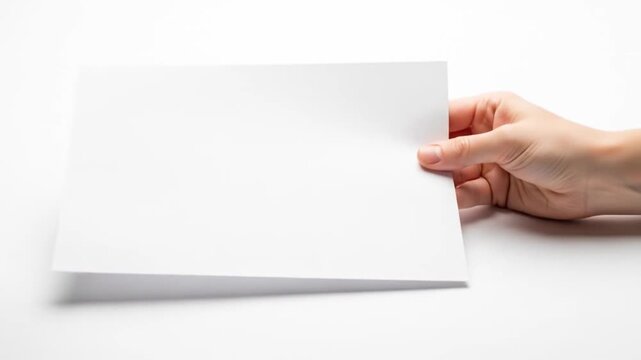 Hand holding and moving a blank white sheet of paper on a white surface in a studio setting