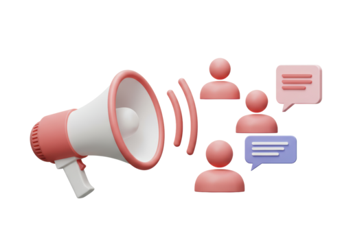 Isolated 3D Render of a Megaphone Broadcasting to a Group of People and Speech Bubbles