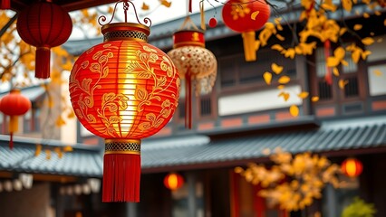 Vibrant red lantern with golden patterns glowing against a softly blurred traditional courtyard.