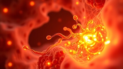 Cellular-level artistic rendering of mitochondria glowing with healing energy powering regeneration within human tissue