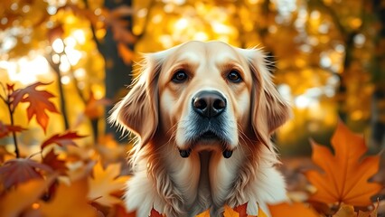Golden retriever surrounded by autumn leaves, close-up portrait with warm sunlight filtering through trees.