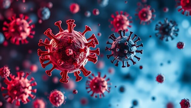 Abstract microscopic view of viral particles attacking cellular structures in fiery red and cool blue contrast.