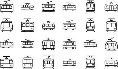 Collection of Minimal Line Icons Representing Various Vehicles Including Cars, Trucks, Buses, Motorcycles, Bicycles, Construction Equipment, and Emergency Vehicles