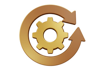Isolated 3D Render of a Gold Gear with Circular Arrows Representing Process or Renewal