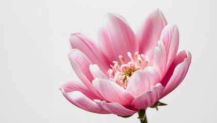 Fototapeta premium Delicate Pink Dahlia Blossom, CloseUp Shot on White Background, Captivating Beauty.