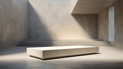 Minimalism Bench in Concrete Hall, Steps Lead Up. Showroom display concept