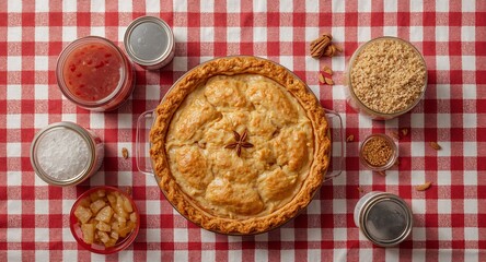 Delicious Apple Pie with Ingredients on a Red and White Gingham Tablecloth, Top View