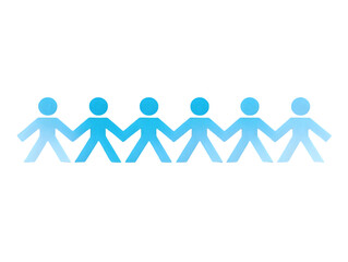 A creative illustration of blue paper doll figures holding hands, symbolizing unity, teamwork, and connection among individuals in various communities.