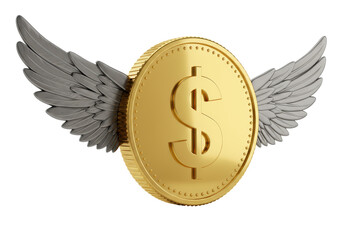 Isolated Golden Dollar Coin with Angel Wings Flying Money Concept