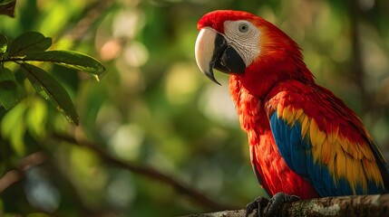 Obraz premium Beautiful scarlet macaw perched on branch in rainforest wildlife photography and bird watching nature adventure