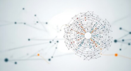 Abstract digital network of glowing connections and nodes forming a sphere, representing data and global connectivity on a white background