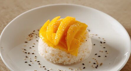 Delicious Mango Sticky Rice Dessert Served on a White Plate, Ready to Be Enjoyed.