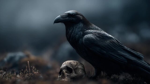 raven stands over skull skull resting on dry desert earth. The raven stays still raven stays silent, as bone, death, bird decay fill the scene, the dry wind whispering through empty wasteland silence.