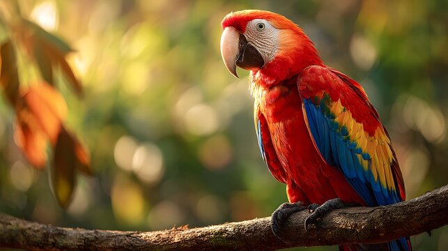 Beautiful scarlet macaw perched on a branch in the rainforest wildlife photography and bird watching tips