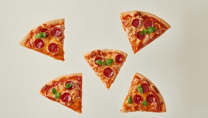Delicious Pepperoni Pizza Slices with Fresh Basil on a Light Background, Top View.