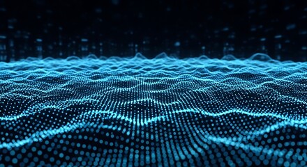 Abstract digital wave pattern with glowing blue particles and intricate lines, representing technology and data flow