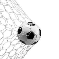 Football or soccer ball hits the net and makes a goal on transparent background PNG generative AI