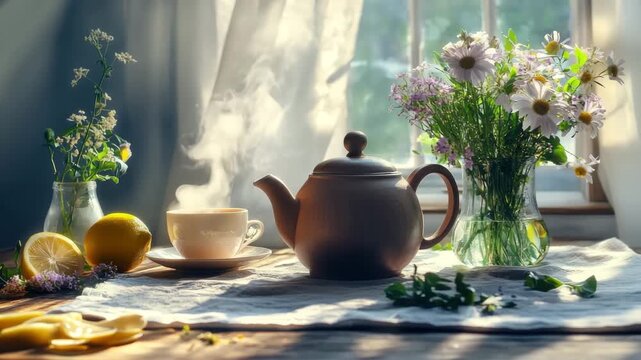 Cinematic Slow-Motion Video of Steaming Teacup on Sunlit Wooden Table &ndash; Rustic Teapot, Lemons, and Wildflowers for International Tea Day, Mindfulness, and Cozy Lifestyle Stock Footage