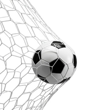 Football or soccer ball hits the net and makes a goal on transparent background PNG generative AI