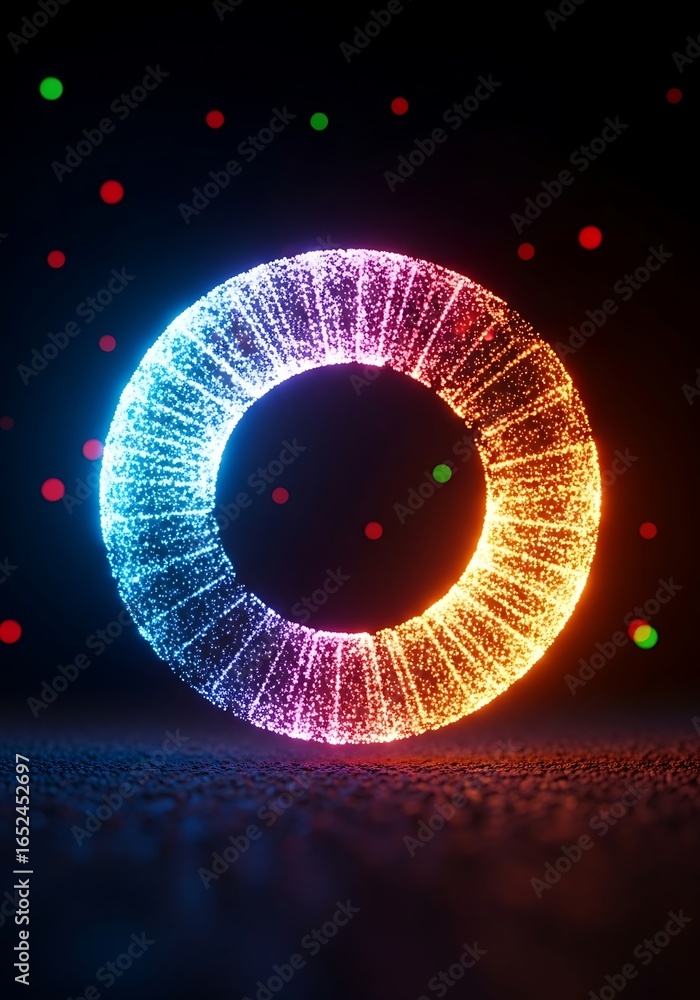 Aufkleber glowing neon ring made of sparkling particles with colorful bokeh lights on a dark background