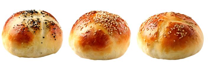 Freshly baked bread rolls with a golden crust, sprinkled with sesame and poppy seeds, perfect for any meal or snack, offering a delicious taste.