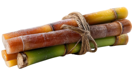 This fresh bundle of sugar cane showcases its vibrant colors and natural texture, ideal for culinary and agricultural themes in photography.