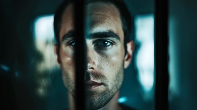 Cinematic Slow-Motion Video of Man Reflected in Glass Panel &ndash; Real Face and Distorted Reflection with Dramatic Lighting for World Photography Day, Identity Awareness, and Artistic Stock Footage