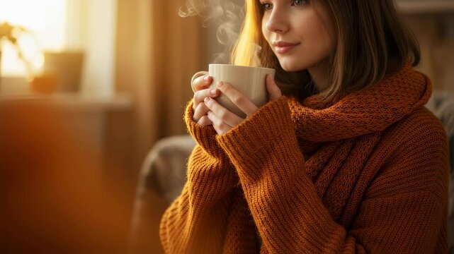 Woman enjoying hot drink looking away, steaming mug in hands, cozy indoor scene for autumn or winter comfort footage.