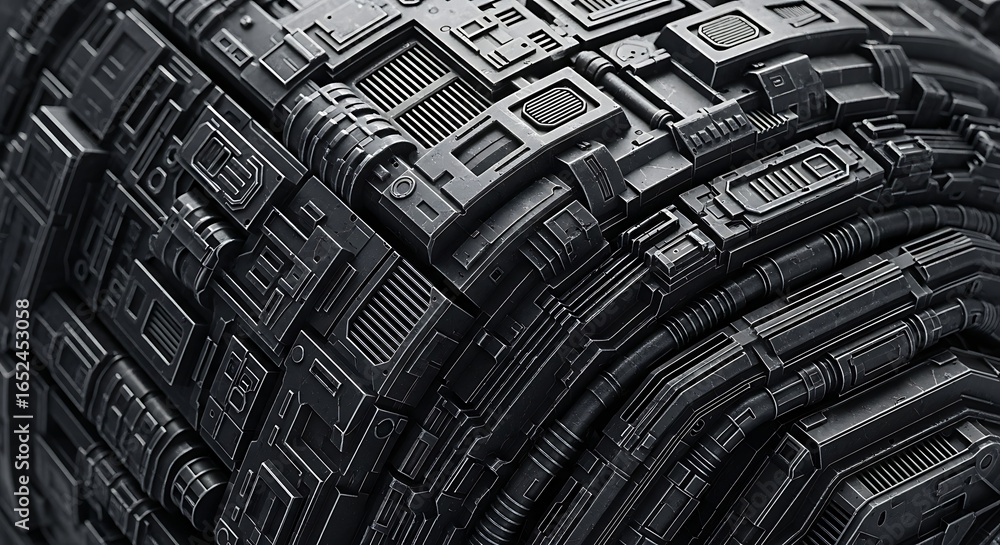 Aufkleber intricate, dark metallic texture with complex geometric patterns, suggesting advanced technology and