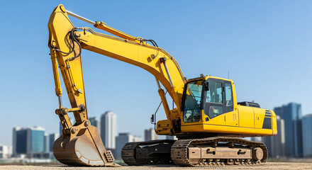 Yellow Excavator with City Background