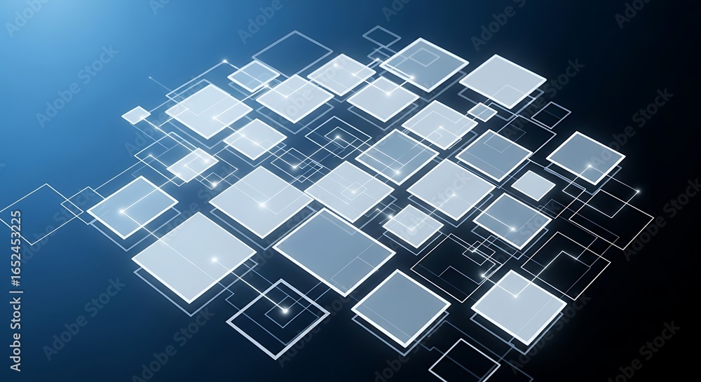 Poster abstract digital network of glowing squares and lines on a blue background, representing data and te