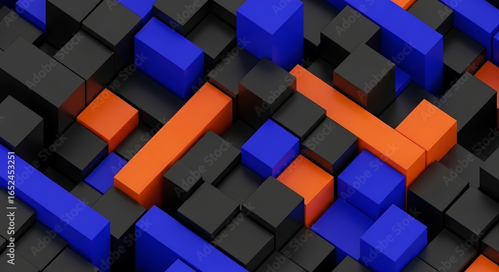 Poster abstract geometric pattern of black, blue, and orange blocks creating a complex, dimensional structu