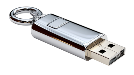 USB flash drive: A sleek silver USB flash drive rests elegantly, showcasing a fusion of form and function in the digital realm, reflecting its crucial role in data transfer and storage.