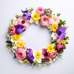 Colorful Spring Flower Wreath Against White Background
